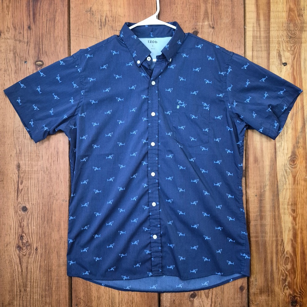 IZOD Men's Shark Print Short Sleeve Button Shirt Blue Size Large Made in Egypt